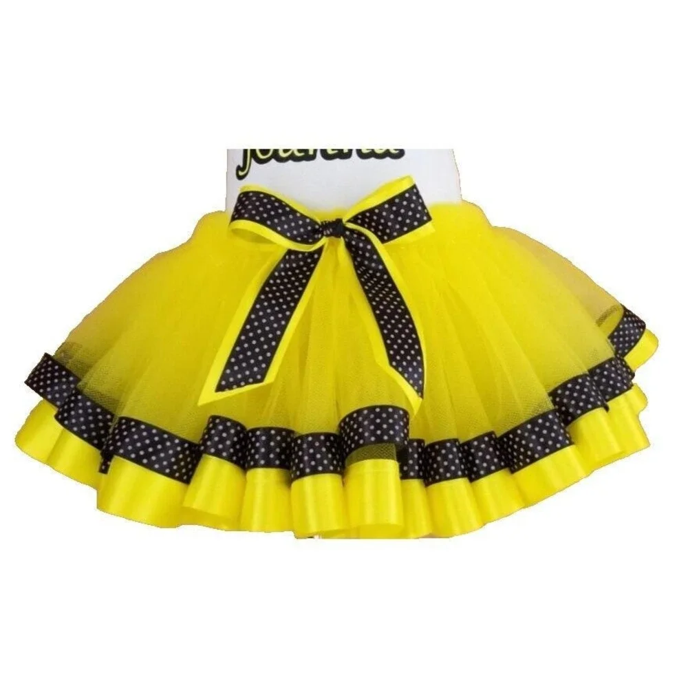 Handmade Girls Yellow Tutu Skirt Black Polka Dot Ribbon Dance Costume Birthday